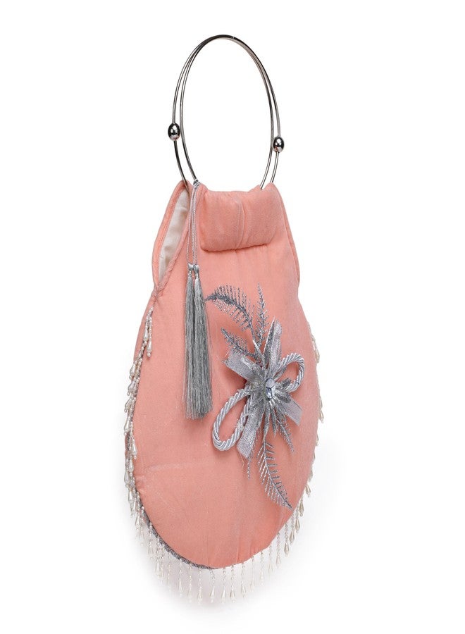 ATHZ handbag Peach Velvet Ethnic bags for Women Silver Handle Moti Latkan Embellsiment with Silver shimmer Flower - Image 4